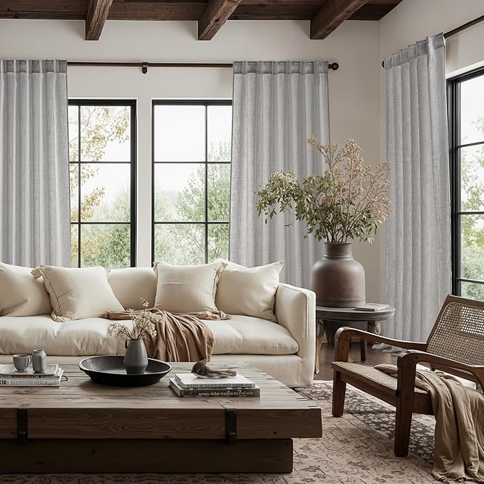 NICETOWN Linen Curtains for Living Room/Bedroom 84 inch Long 2 Panels Set, Seedpearl 55" Wide Thick Farmhouse Faux Linen Blend Privacy Window Drapes Rod Pocket & Back Tab with Light Filtering