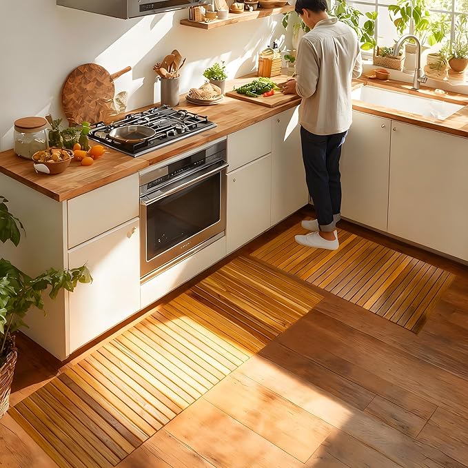 Utoplike Teak Wood Kitchen Mat with Non-Slip Rubber Backing, Roll-Up Wooden Floor Mats for Standing at Sink, Stove, or Counter, Easy Clean for Entryway or Laundry Room