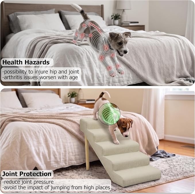 5-Step 23.6" H Dog Stairs for Bed Couch, Waterproof & Scratch PU Leather Pet Steps for Senior Large Dogs and Cats, Dog Ramp with 220 lbs Maximum, Oak Leg & Solid Wood, Non-Slip Feet, Cream