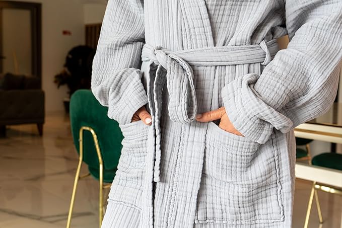 Muslin Unisex Bathrobe Women & Men, 100% Cotton Kimono Lightweight Robe | Long Robes Soft, Absorbent, Spa robes