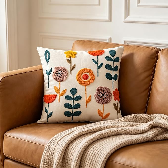 Embroidered Throw Pillow Cover 18x18 Inch,Cotton Canvas Floral Pillow Case, Daisy Wildflower Leaf Boho Farmhouse Decorative Cushion Square for Sofa Bedroom Living Room Outdoor Couch Farmhouse (A003)