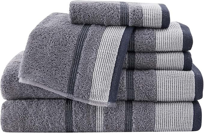 Great Bay Home Decorative Bath Towel Set - Luxury Cotton 6 Piece Towel Set - Luxurious, Ultra-Soft, Durable Towels for Bathroom Decor (Chambray Blue/White/Navy Blue)