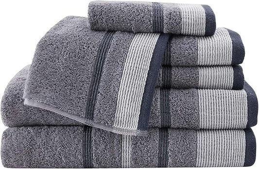 Great Bay Home Decorative Bath Towel Set - Luxury Cotton 6 Piece Towel Set - Luxurious, Ultra-Soft, Durable Towels for Bathroom Decor (Chambray Blue/White/Navy Blue)