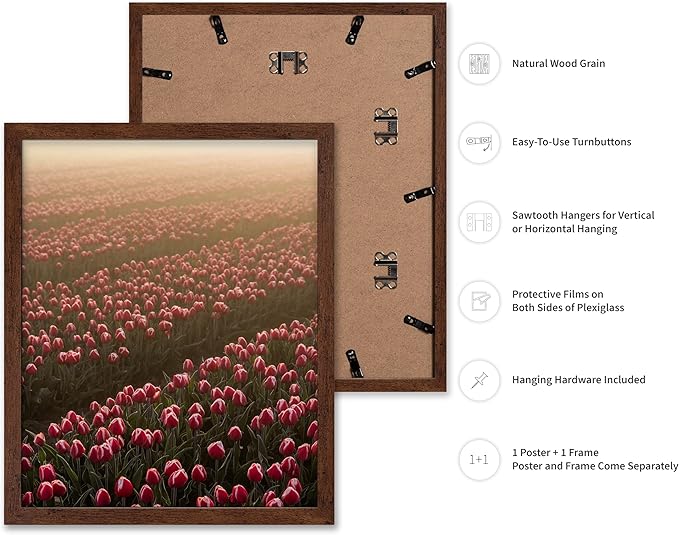 Monem Art Golden Tulip Field Sunset Photography Print - Romantic Spring Landscape Art Poster - Wall Decor for Living Room, Bedroom or Office - 16x20 Brown Framed Wall Art by Mareike Bohmer
