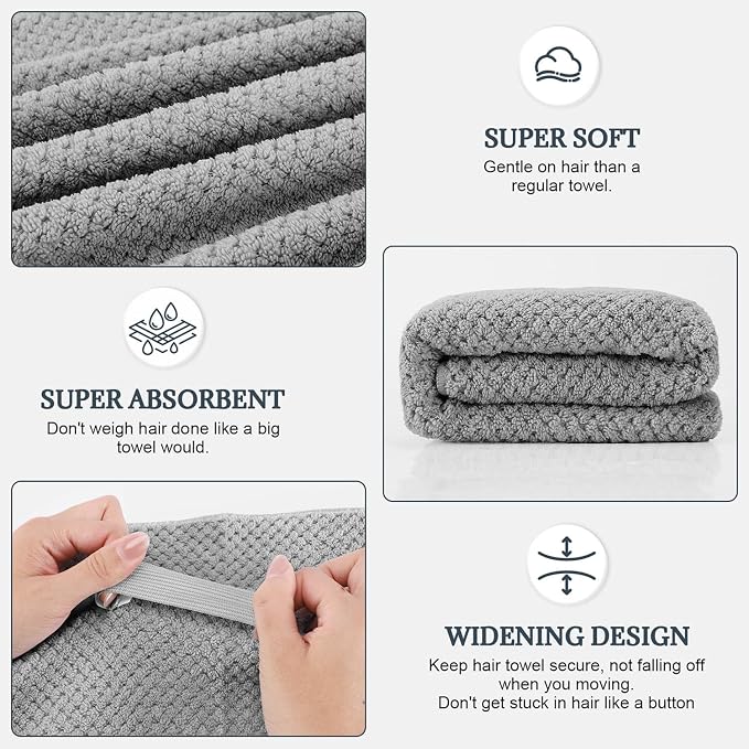 2 Pack Microfiber Hair Towel - 41 x 24 inches Super Soft, Absorbent, Fast Drying Without Frizz Hair Towel Wrap for Women Long, Thick, Curly Hair - Hair Turbans with Elastic Strap