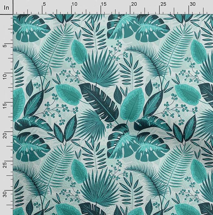 Soimoi Lightweight Velvet Fabric - Blue - Leaves Print, Unstitched Material - 58" Wide, Perfect Fabric for Upholstery, Fashion and Craft Projects, 1 Yard