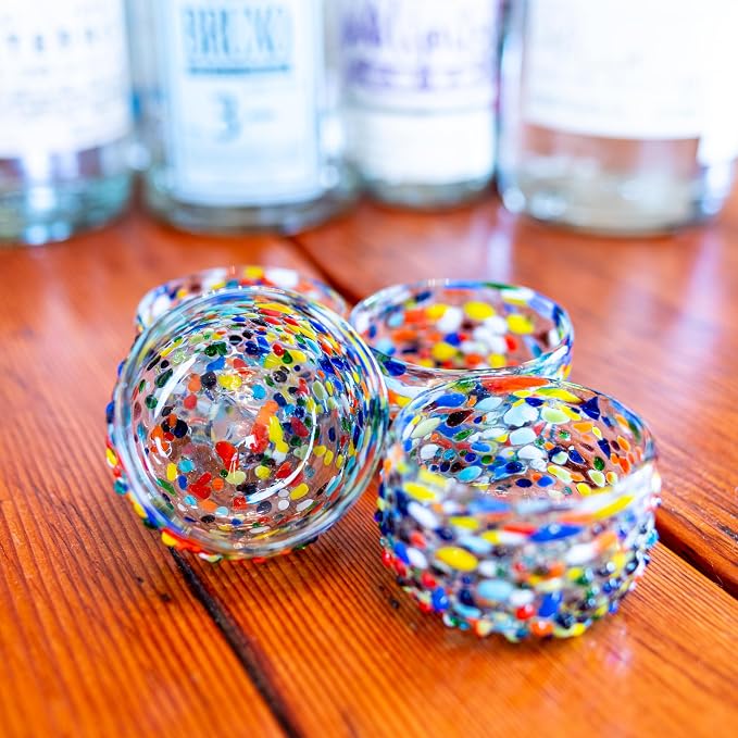 Mezcal Cups | Hand-Blown Glass, Artisan Crafted | Rainbow Confetti | Sipping Copitas perfect for Mezcal or Tequila | Set of 4