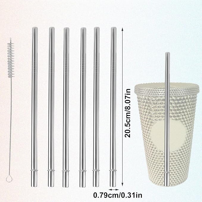 6pcs Stainless Steel Straws for Starbucks Cold Cup Venti 16 oz, Reusable Straight Metal Straws with Cleaning Brush BPA-Free Ideal Replacement Compatible with Starbucks Tumblers