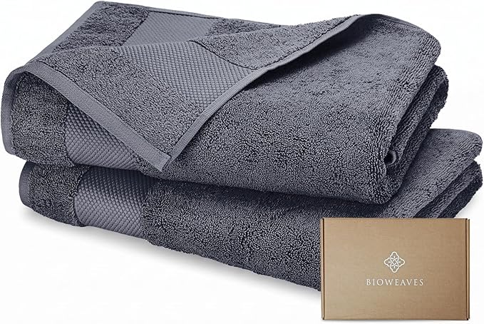 BIOWEAVES 100% Organic Cotton 700 GSM Plush Bath Towels 30" x 58" GOTS Certified - Charcoal, Pack of 2