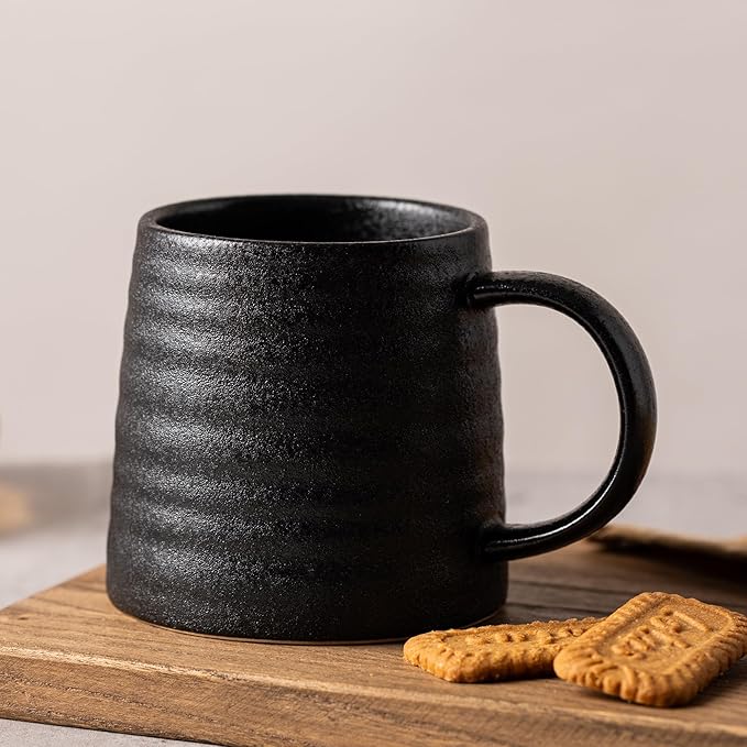 15.5 Oz Large Textured Matte Black Glaze Ceramic Mug, Heavy Weighted Stoneware Coffee Cup, Wide Base, Thick Wall Big Tea Cup with Custom Package Box, Microwave & Dishwasher Safe (Black)