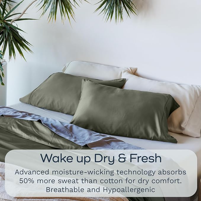 Olive + Crate Tencel Eucalyptus Pillowcases - 100% Tencel Lyocell Cooling Pillow Cases for Hot Sleepers - Hypoallergenic, Moisture-Wicking, Silk Alternative, Vegan - Queen Size Set of 2 [Moss]