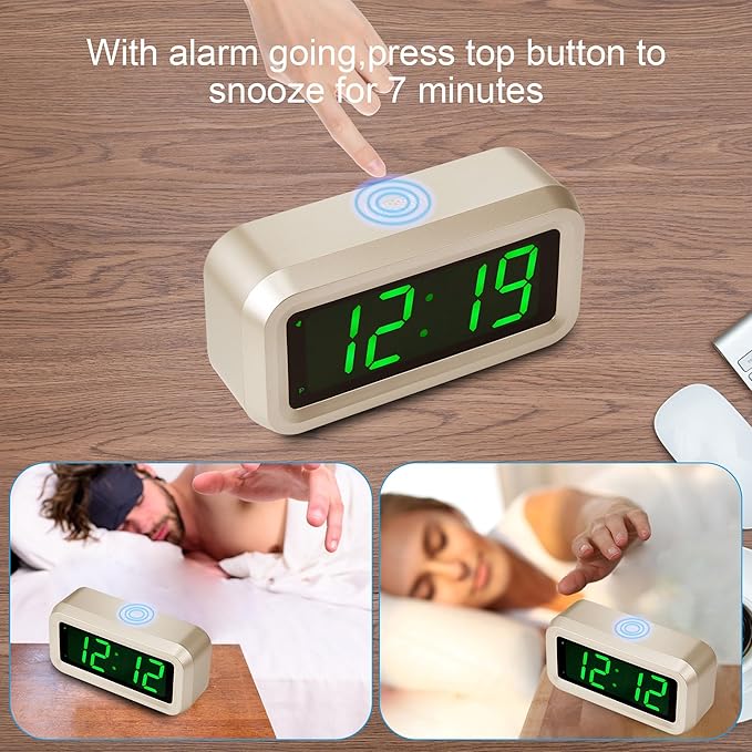 Digital Alarm Clock Battery Operated with LED Display for Bedrooms, Long Battery Life for 12 Months, 3 Brightness Adjustable, 12/24 Hour, Snooze, Golden Case with Green Digits