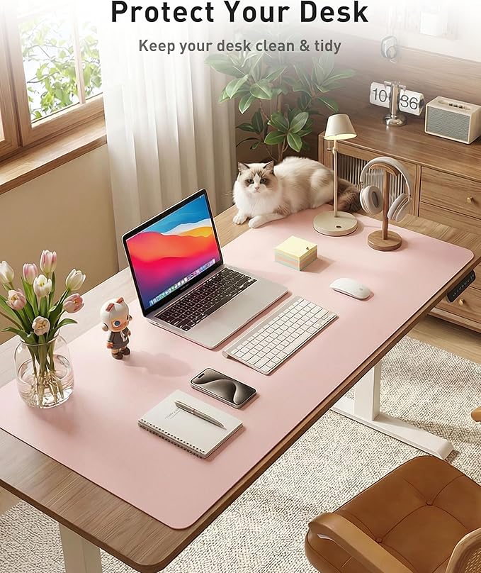 Aothia Faux Leather Desk Mat - Large Mouse Pad, Non-Slip PU Leather Blotter, Waterproof Writing Surface for Office and Home (Fairy Pink, 40" x 24")