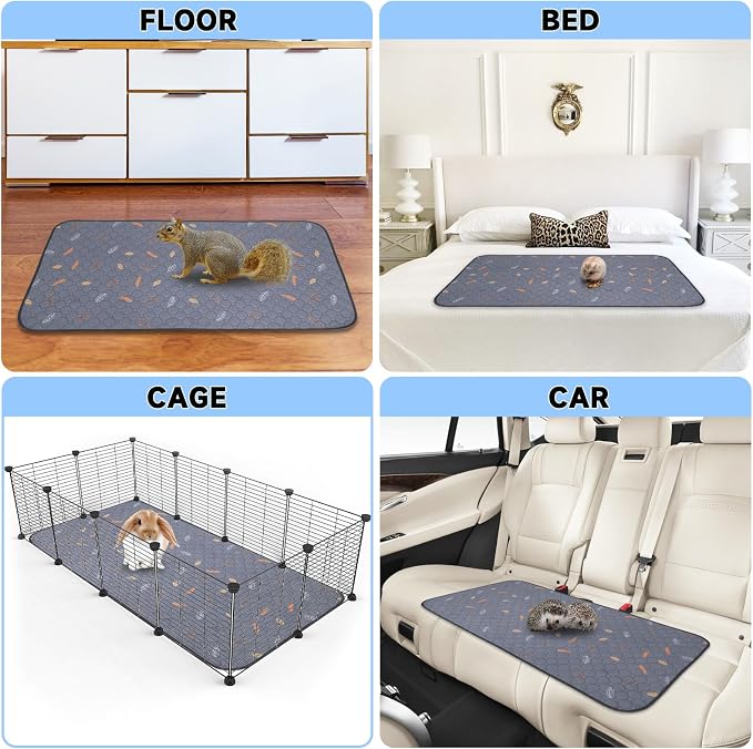 Sunheir 2 Pack Washable Guinea Pig Pee Pads, 24" x 48" Waterproof Reusable Guinea Pig Cage Liners, Absorbent Bedding Training Mat for Small Animal Guinea Pigs Rabbit Bunny Hamster (Leaves - Deep Grey)