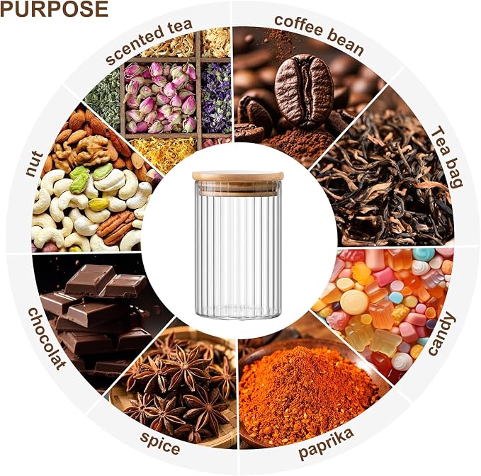 Glass Storage Jars with Lids - Clear Glass Overnight Oats Jar - Tea Coffee Sugar Canisters - Round Food Storage Containers with Bamboo Lids - Stackable Spice Jars