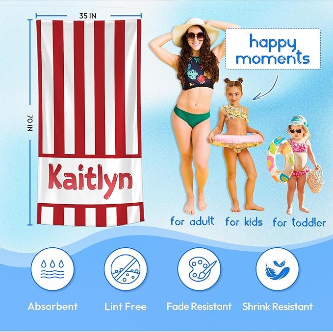 JML Personalized Beach Towel with Name, Custom Cabana Stripe Beach Towel, Customized Microfiber Pool Towel, Quick Dry & Absorbent Swim Towel for Adult,Anniversary, Birthday, Summer Holiday,Vacation