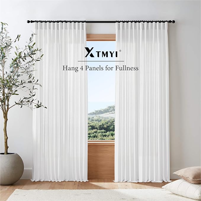 White Linen Curtains 102 Inches Long 2 Panels Back Tab Hook Pleated Rod Pocket Cotton Polyester Blend Light Filtering Semi Sheer Curtain Drapes for Bedroom Living Room,Total 100 In Wide 8.5FT Length