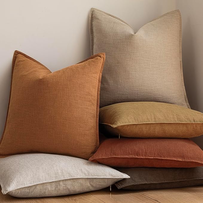 Foindtower Set of 2, Decorative Linen Soild Throw Pillow Covers Soft Accent Euro Cushion Case Boho Farmhouse Pillowcase for Chair Couch Sofa Bedroom Living Room Home Decor 16 x 16 Inch Autumn Orange
