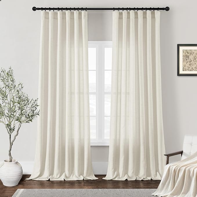 Natural Cream Linen Curtains 98 Inches Long for Living Room 2 Panels Farmhouse Boho Rod Pocket Belt Tape with Hooks Semi Sheer Drapes Light Filtering Curtain 98 Inch Length for Bedroom Nursery
