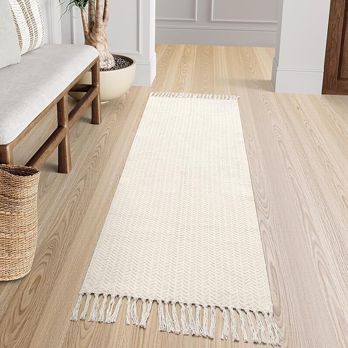 Lahome Belle Boho Kitchen Runner, 2x6 Laundry Room Rug Lightweight Runners for Hallways Washable Runner Rug with Tassels, Farmhouse Cotton Beige Throw Rugs Non Shedding Carpet for Entryway Bathroom