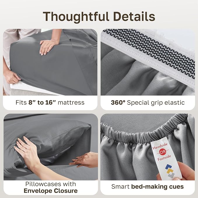 California Design Den King Size Sheets Set - Certified 100% Egyptian Cotton Sheets King Size, Soft Sateen, Deep Pockets, Durable Bedding - Ultimate Grey