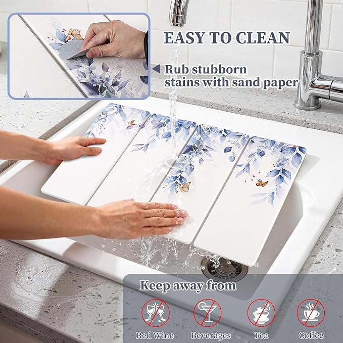 Large Stone Dish Drying Mat for Kitchen Counter, 24"×16" Quick Dry Dishes Mats, Foldable Diatomaceous Earth Drying Organizer Pad Water Absorbing for Plate Bottles Utensils