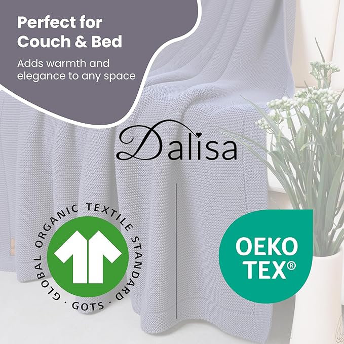 Dalisa 100% Organic Turkish Cotton Throw Blanket - GOTS Certified, Cozy - Perfect for Couch, Bed, and Home Decor - Boho Vintage Knit Alina (Grey Blue, 60x80)