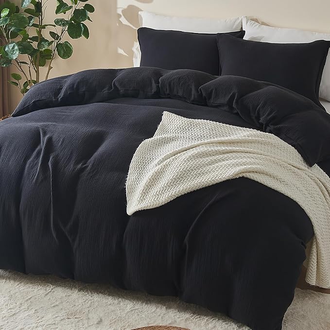 EMME Muslin Cotton Duvet Cover Set Black Queen Size Linen Like Soft Breathable Lightweight Summer Comforter Cover Set with Zipper Closure (Black, Queen, 90"x90")