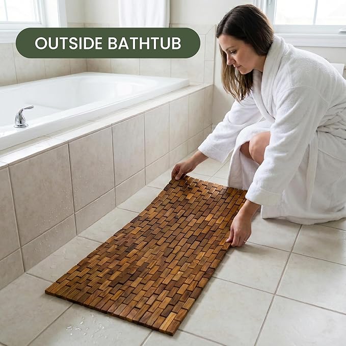 Teak Wood Bath & Shower Mat (30" x 16.5") | Wooden Floor Mat for Bathtub & Spa | Foldable & Non Slip Bathmat