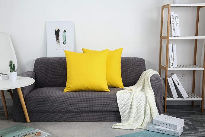 TangDepot 2-Pack Cotton Throw Pillow Covers 20x20 Yellow | 100% cotton, same-color zip, machine wash & air dry. For living room, bedroom, office, car. 42 colors, 601 sizes. Cover only.