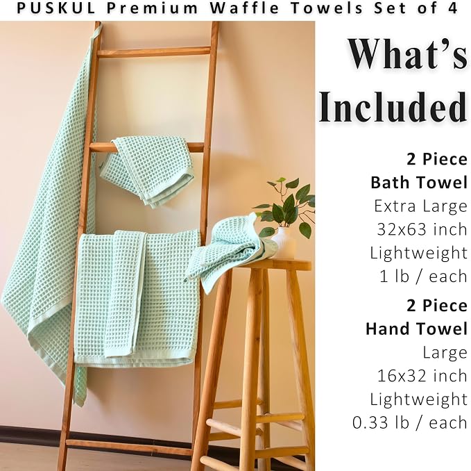 PÜSKÜL 4-Piece Natural 100% Turkish Cotton Luxury Waffle Towels for Bathroom | Premium Honeycomb Weave 2 Hand Towel & 2 Bath Towel Set | Soft Absorbent Quick-Dry Lightweight Towels (Ice Green)