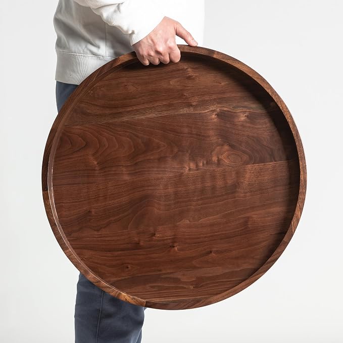 22 x 22 inches Round Ottoman Table Tray, Wooden Solid Black Walnut Circle Platter Decorative Serving Tray with Handle for Oversized Ottoman Home Breakfast in Bed Tea Coffee