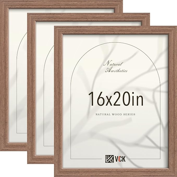 VCK 16x20 Poster Frames 3 Pack - Walnut Solid Wood Picture Frame, Exclusive Wood Grain, Wall Hanging