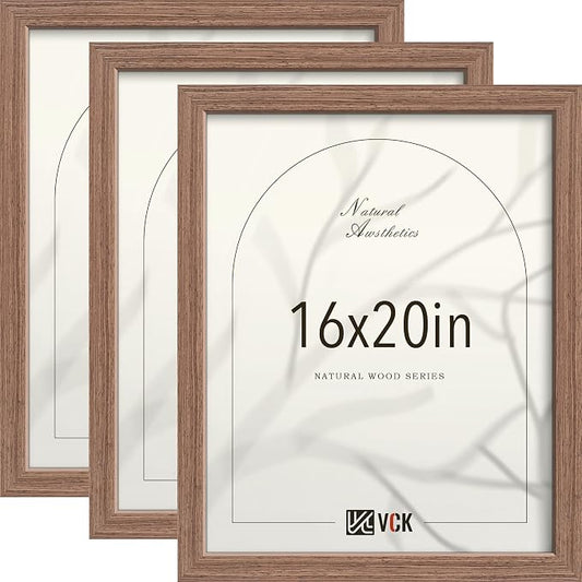 VCK 16x20 Poster Frames 3 Pack - Walnut Solid Wood Picture Frame, Exclusive Wood Grain, Wall Hanging