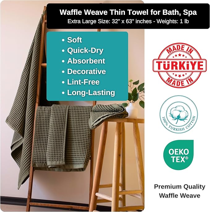 PÜSKÜL Pack of 2 Waffle Bath & Spa Towels - Premium 100% Turkish Organic Cotton - Quick Dry Thin Bath Towel for Bathroom - Made in Turkey (Khaki Green, 32x63 inch)