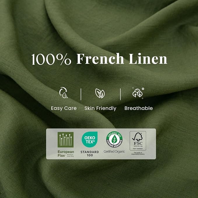 S VICTORY SYMBOL 100% Organic Linen Duvet Cover Set Queen Size,Natural French Washed Flax Bedding Set 3PCS(1 Duvet Cover and 2 Pillowcases) with Coconut Button Closure,Juniper Green