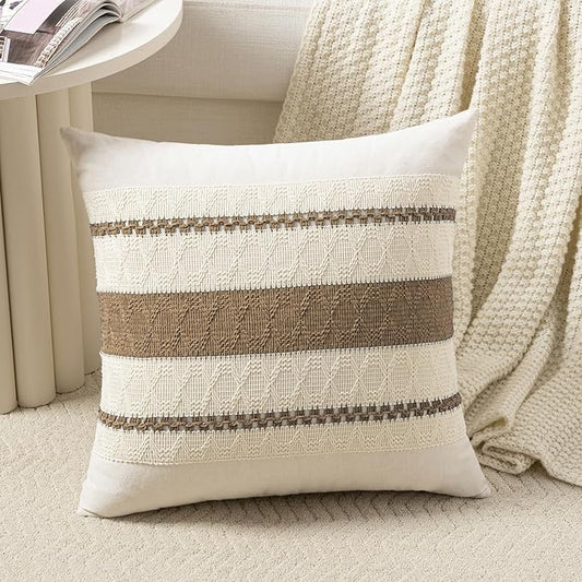 Fancy Homi Set of 1 Boho Light Brown Big Decorative Throw Pillow Cover 24x24 Inch for Couch Bed Bedroom, Aesthetic Modern Organic Farmhouse Room Decor, Soft Cotton Accent Macrame Woven Cushion Case