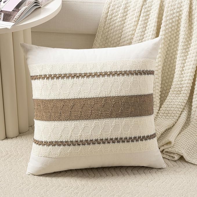 Fancy Homi Set of 2 Boho Light Brown Decorative Throw Pillow Cover 18x18 Inch for Couch Bed Sofa, Aesthetic Modern Organic Farmhouse Home Decor, Soft Cotton Cute Accent Macrame Woven Cushion Case