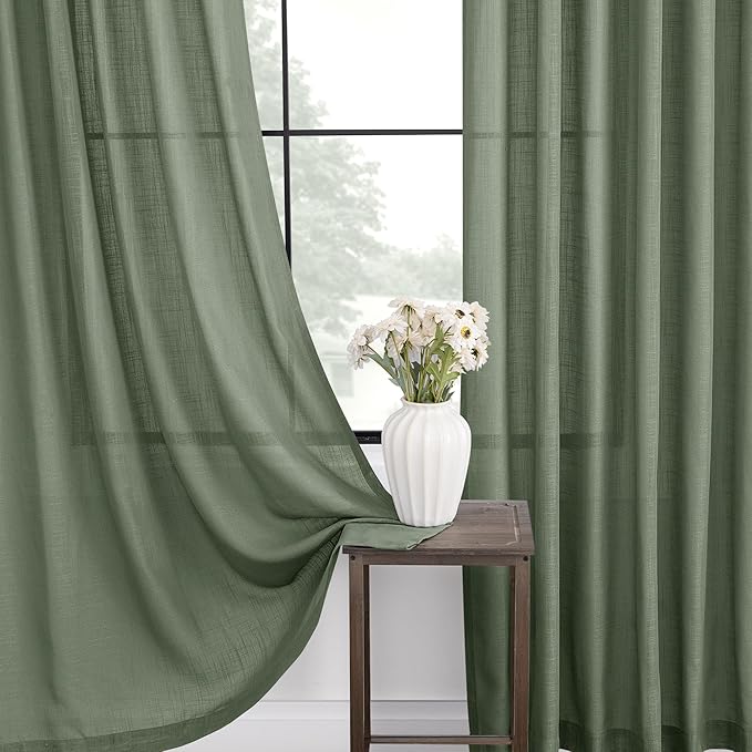 Olive Green Curtains 84 inch Length 2 Panels for Bedroom Back Tab Light Filtering Semi Sheer Drapes Linen Cotton Textured Airy Modern Farmhouse Living Room Sage Aesthetic Decor 52x84