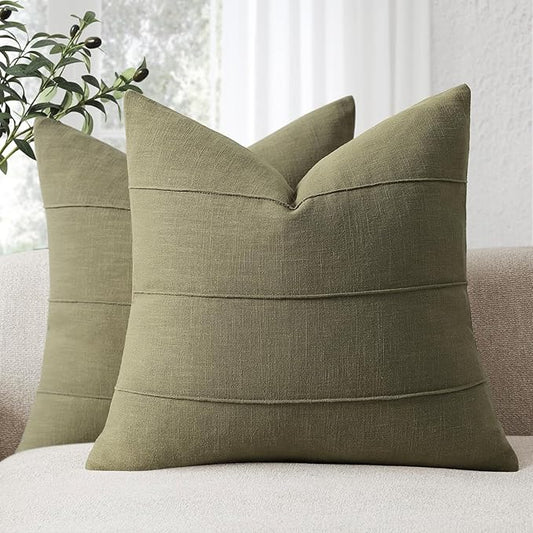 Decorative Linen Throw Pillow Covers 24x24 Set of 2 Solid handcrafted Striped Cushion Covers for Bed Soft Modern Farmhouse Neutral Pillowcase for Couch Bedroom Living Room Home Decor(Olive Green)