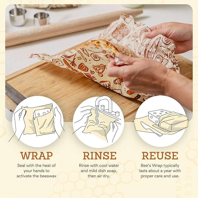 Bee's Wrap Beeswax Wraps for Bread - 2 Pack Beeswax Bread Wrap for Sourdough & Bread Storage - Plastic Free Made in USA Reusable Natural Food Wrap - Bakery Lane & Honeycomb