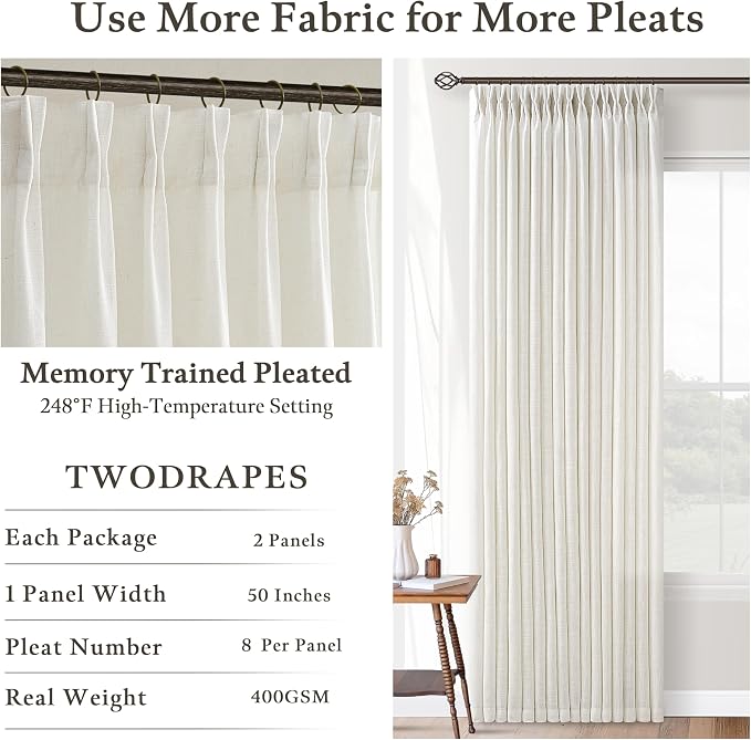 Natural Cream Pinch Pleat Linen Curtains 120 Inches Long for Living Room Pleated Drapes Hooks Rings Back Tab Light Filtering Boho Farmhouse Extra Long Semi Sheer 120 Inch Curtain Dining Room Bedroom