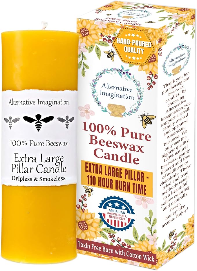 100% Pure Beeswax Candle – Long Lasting Burn – Non-Toxic & Hypoallergenic – Natural Honey Aroma – Handcrafted – Sustainably Sourced – Alternative Imagination – 3x9 Inch – Natural Yellow