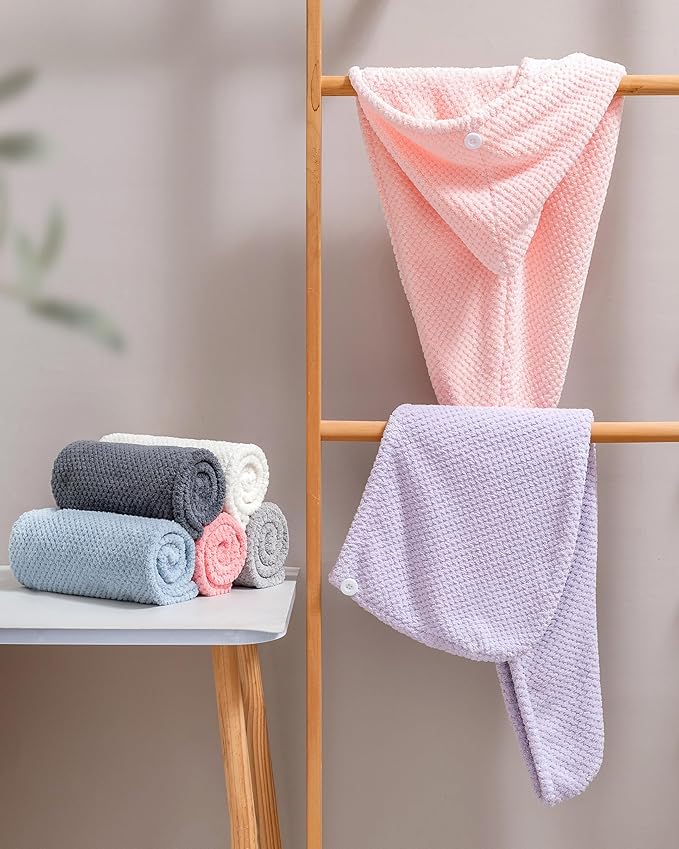 Lumimi Microfiber Hair Towel Wrap 3 Pack for Women Extra Absorbent Lightweight Turban with Button Bathroom Girl Friend Family Mom Gift(3 Colors C)