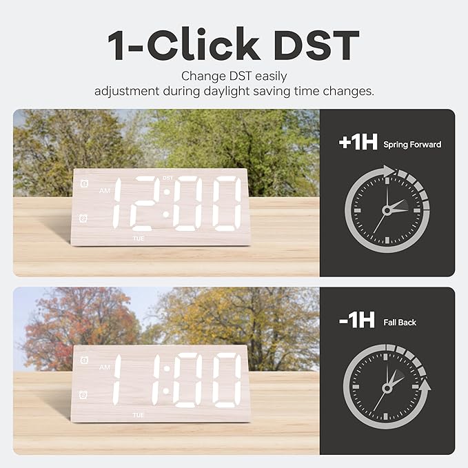JALL All Digital Alarm Clock, with Wooden Electronic LED Time Display, 3 Alarm Settings, Humidity & Temperature Detect, Wood Made Electric Clocks for Bedroom, Bedside, Desk (White-Big Bold)