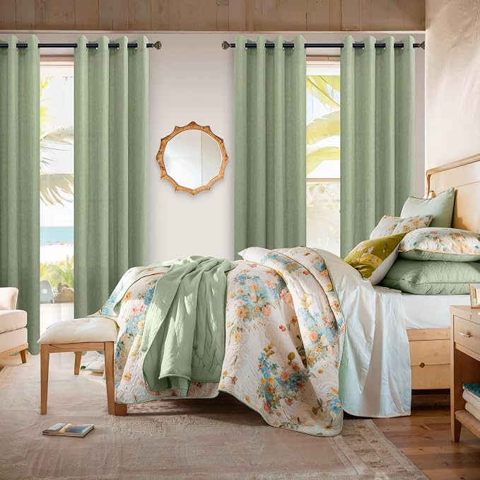 Pitalk Farmhouse Curtains Light Sage Linen Living Room Drapes Light Filtering Green Semi Sheer Window Treatment for Bedroom Luxurious Elegant Country Rustic Grommet Dining Room 84 Inch Length 2 Panels
