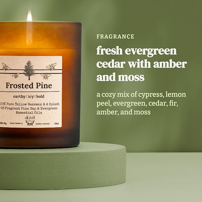 Frosted Pine Organic Beeswax Candle, 8oz | 2 Ingredients | 100% Pure Beeswax Candles, Non Toxic, Natural, Organic Candles, Essential Oil Scented, 50 Hour