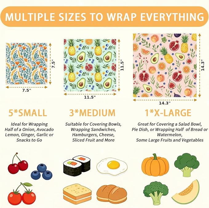 Reusable Beeswax Wrap, 9 Pack Eco-Friendly Wraps For Food, Organic, Sustainable, Biodegradable, Zero Waste, Plastic-Free Food Storage, 1XL, 3M, 5S (Mixed Fruit, Pineapple, Floral)