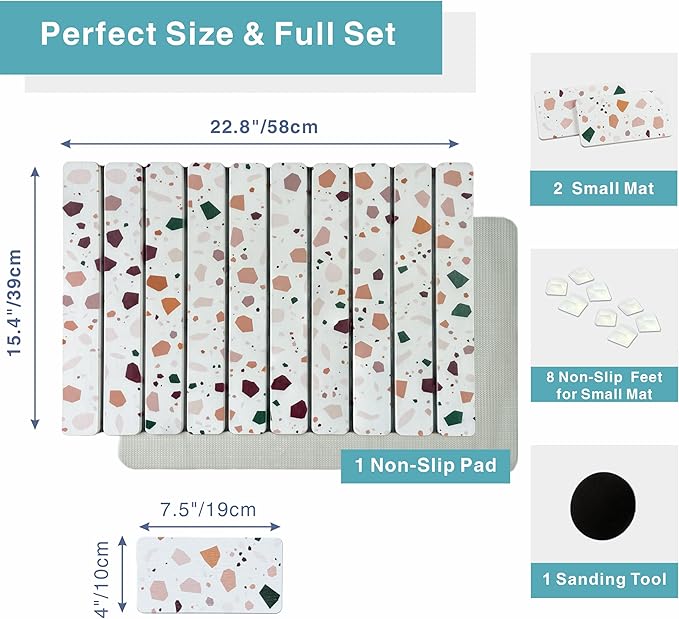 Diatomaceous Earth Stone Dish Drying Mat for Kitchen Counter – Quick Drying Mat Set (1*Large 23"×15.5" & 2*Small 7.5"×4") | Kitchen Drying Mat for Dishes, Cups & Utensils, Sink Mat (Multi-color)