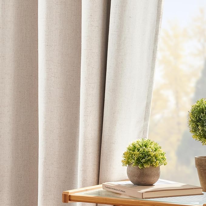 jinchan 100% Blackout Curtains 84 Inch Length 2 Panels Set Thermal Insulated Farmhouse Curtains for Bedroom Living Room Neutral Linen Drapes Light Blocking Grommet Window Treatments Natural 7FT